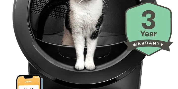 Official Whisker photograph of a black Litter-Robot 4 beside a phone running the companion app, the setup step where owners report pairing freezing at 90 percent