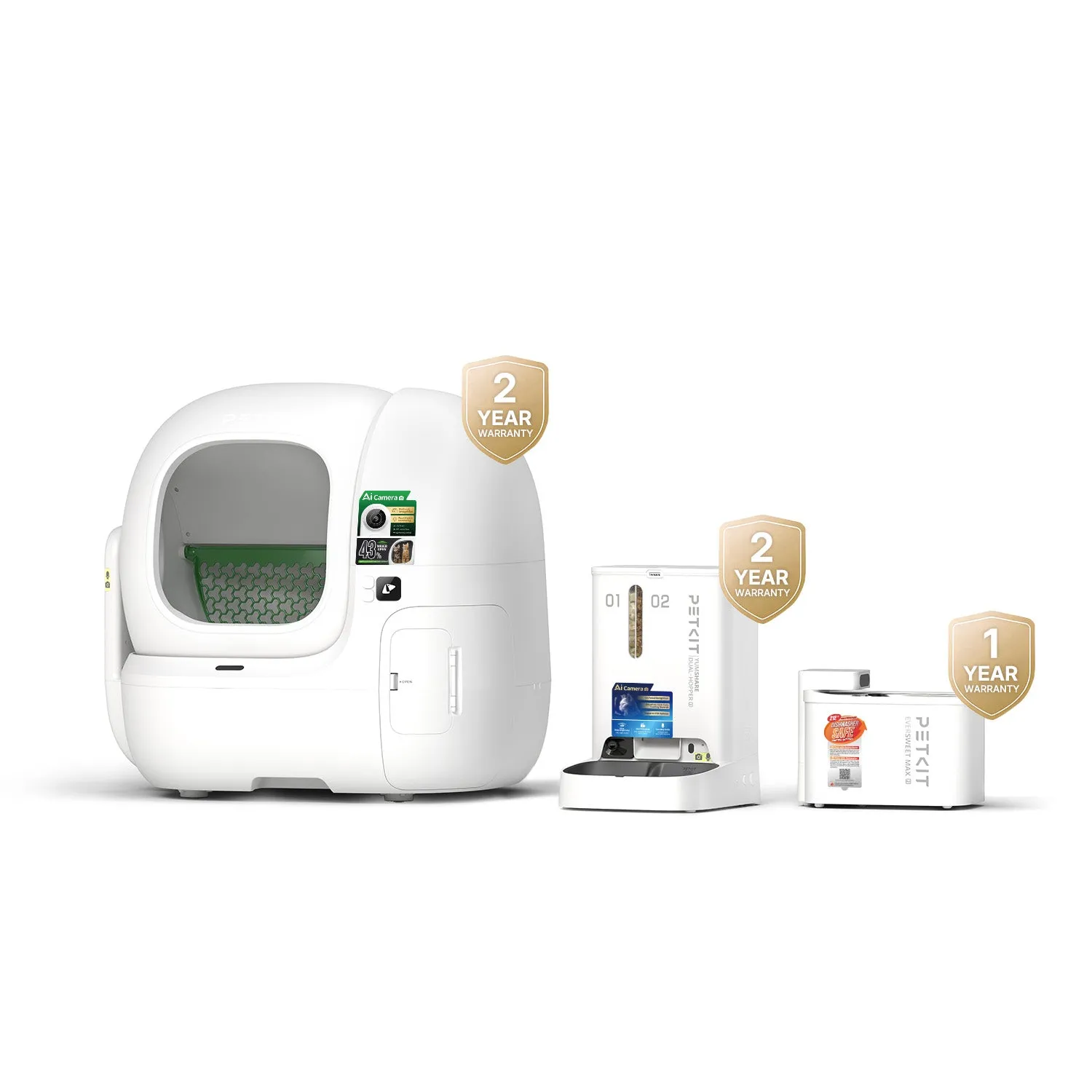 PETKIT smart pet devices bundle with Purobot Max Pro 2 automatic litter box, YumShare Dual-hopper 2 feeder, and EverSweet Max 2 water fountain